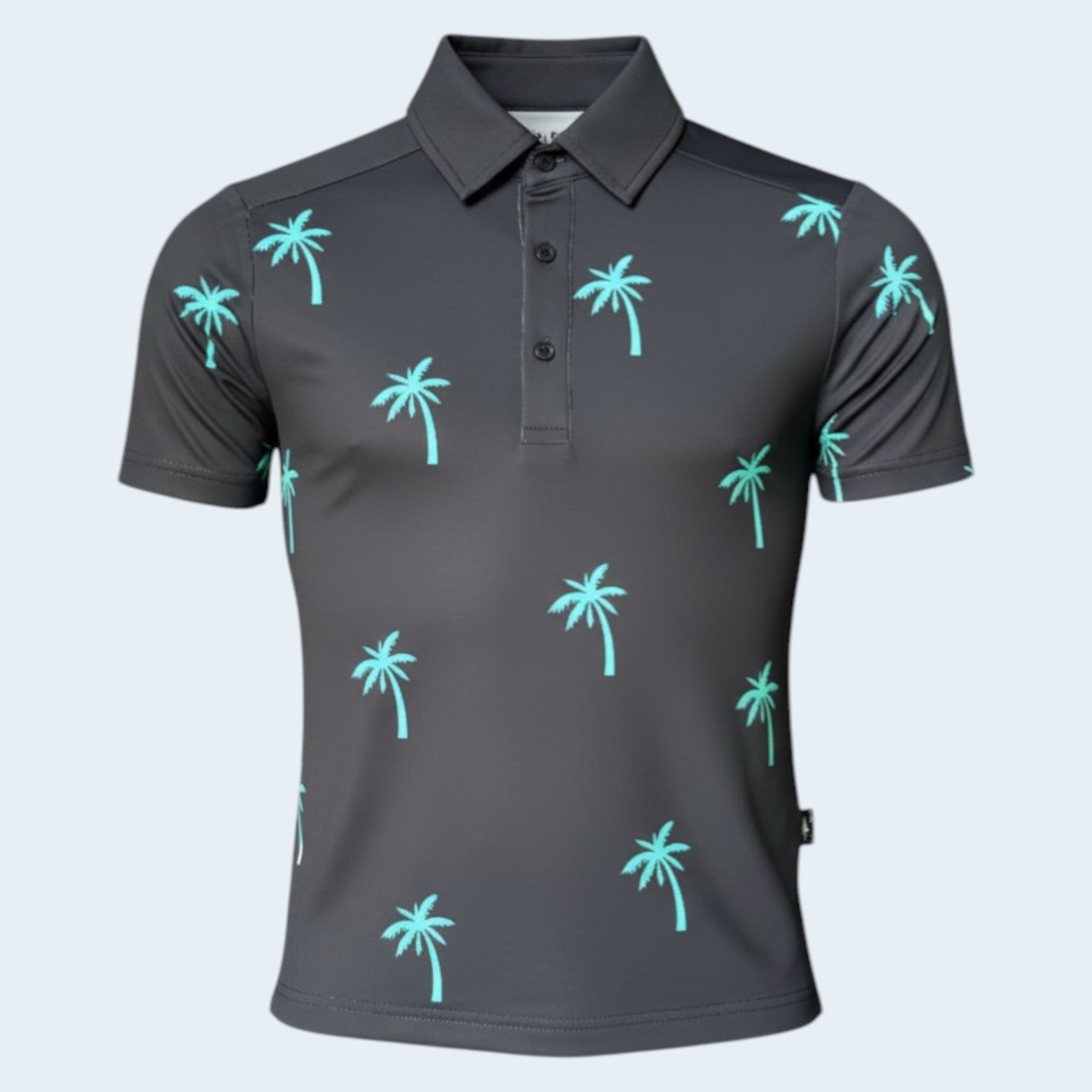 Gray polo shirt with green palm tree patterns on a light gray background